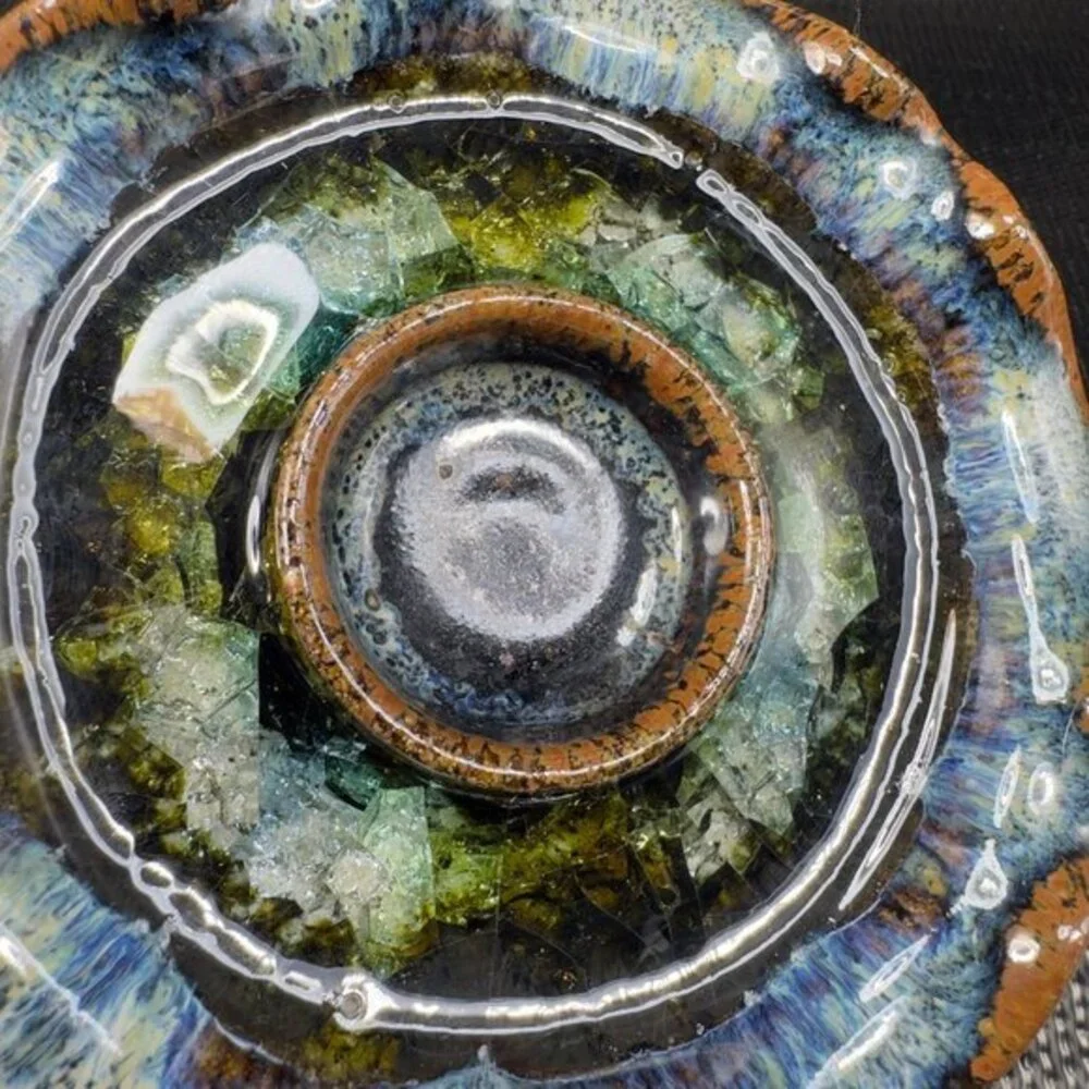 Crystalline Glaze Pottery Ruffle Edge Trinket Dish Tea Light‎ Holder Votive USA